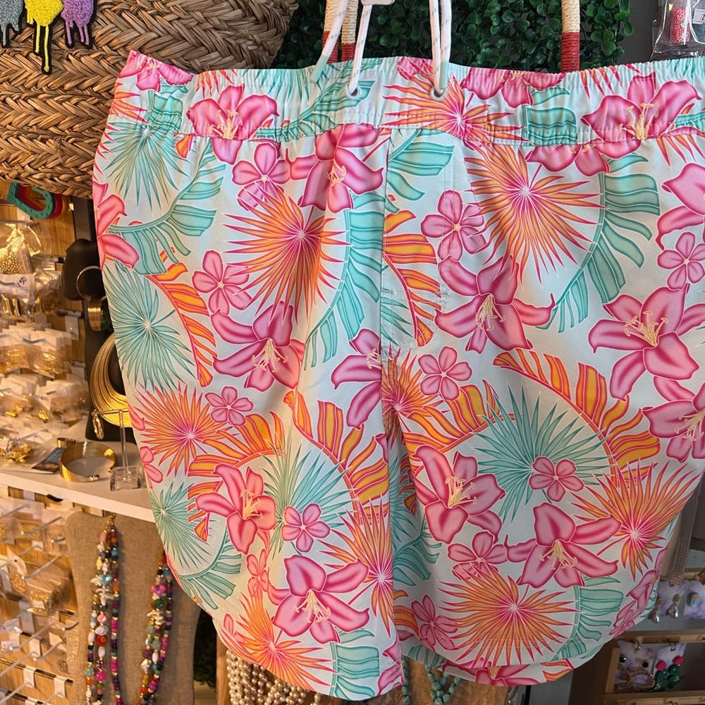 Pink and Green Tropical Swim Trunks with Elastic Waistband